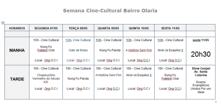 Cine Cultural no bairro da Olaria 2º Sessões Diárias. 